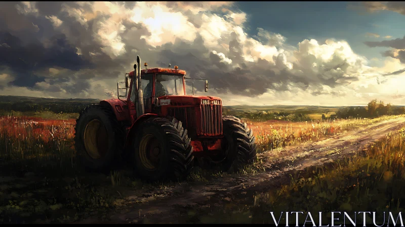 Red tractor stands on rural dirt track under storm clouds