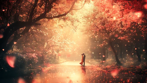 Romantic embrace beneath luminous autumn canopy.
