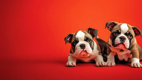 Adorable bulldog puppies relaxing on a bold red backdrop.