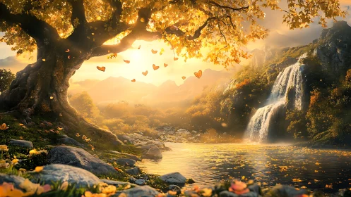 Golden-hearted tree scatters autumn light beside waterfalls