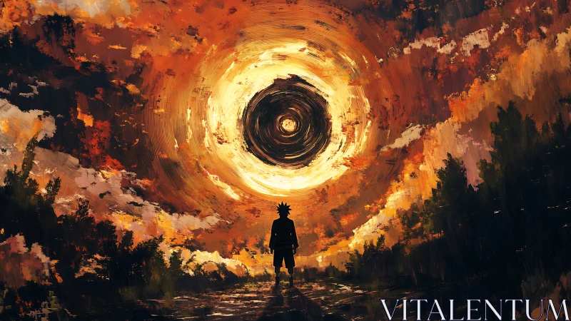 Vortex sky convergence around silhouetted lone observer figure.