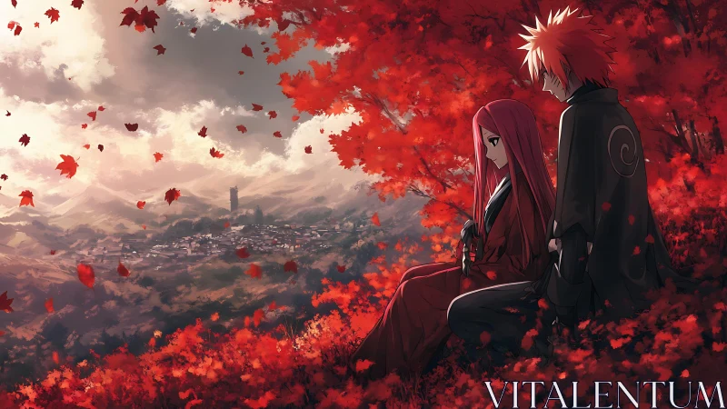 Autumn anime couple overlooking village in crimson foliage.