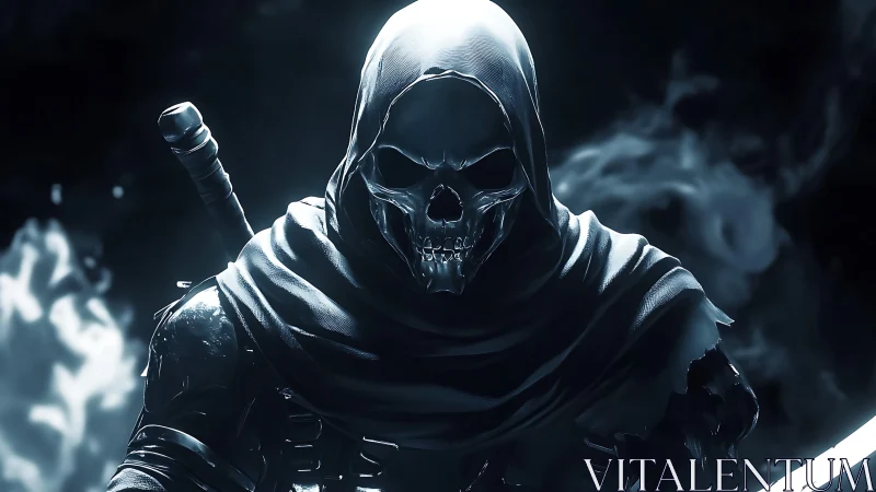 Midnight reaper warrior cloaked in silver ghostlight.