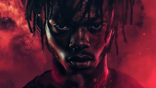 Chromatic low-key portrait in red vapor diffusion field.