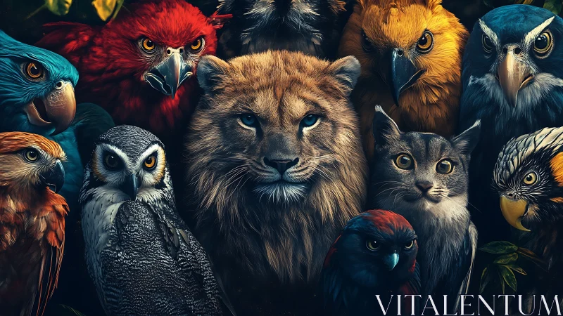 Majestic Lion, Cat, and Colorful Birds in Dramatic Digital Art.