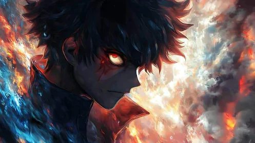 Anime inferno portrait with asymmetric fiery composition.