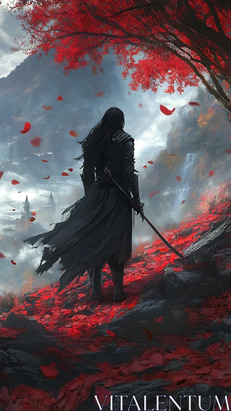 Solitary swordbearer on scarlet ridge under misted valley sky.