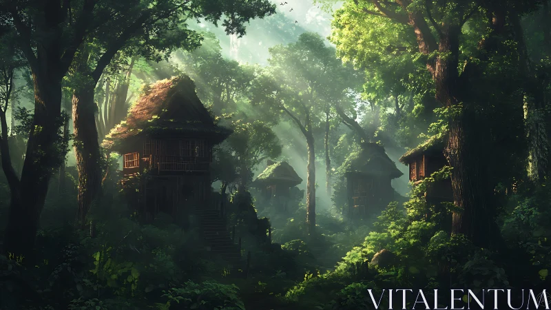 Forest dwellings in mist-filtered woodland environment.