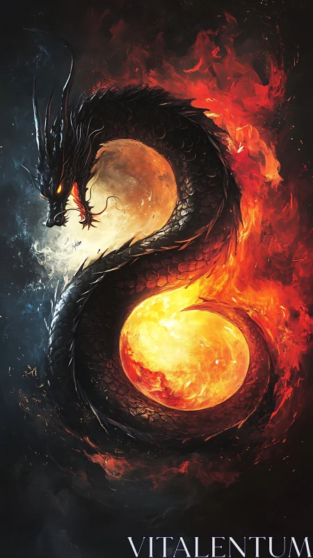 Mythic fire and moonlit dragon in swirling balance.