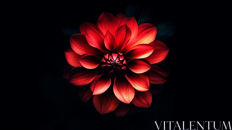 Red Dahlia with Dramatic Backlighting Against Black Background.