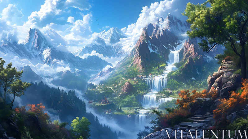 Cascading alpine waterfalls over terraced fantasy valley panorama