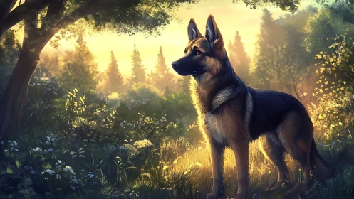 Backlit German shepherd in volumetric golden forest clearing