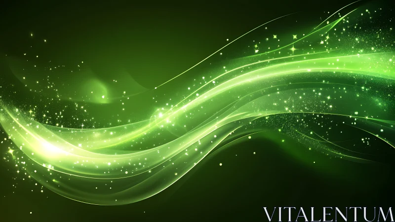 Glowing green energy waves drift gently through starry light