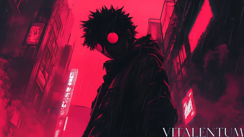 Masked figure stands in rain amid red-lit urban alley