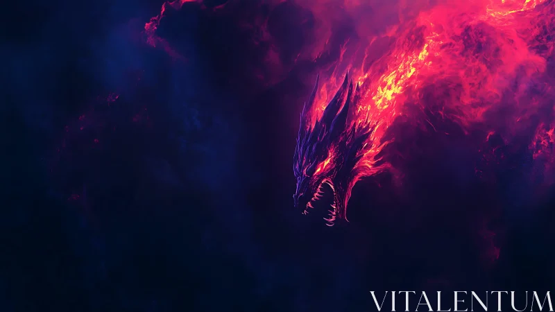 Fiery spectral dragon head emerging from dark void.