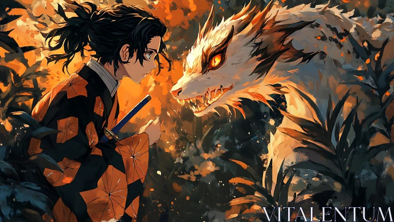 Quiet forest standoff between samurai youth and sly dragon.