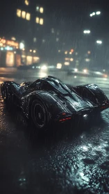 Low-angle view shows futuristic car on wet city street