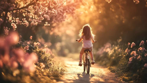 Child cycling on sunlit path between flowering trees.