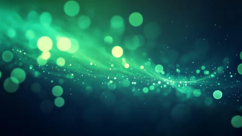 Abstract green bokeh lights with glowing wave on dark background.