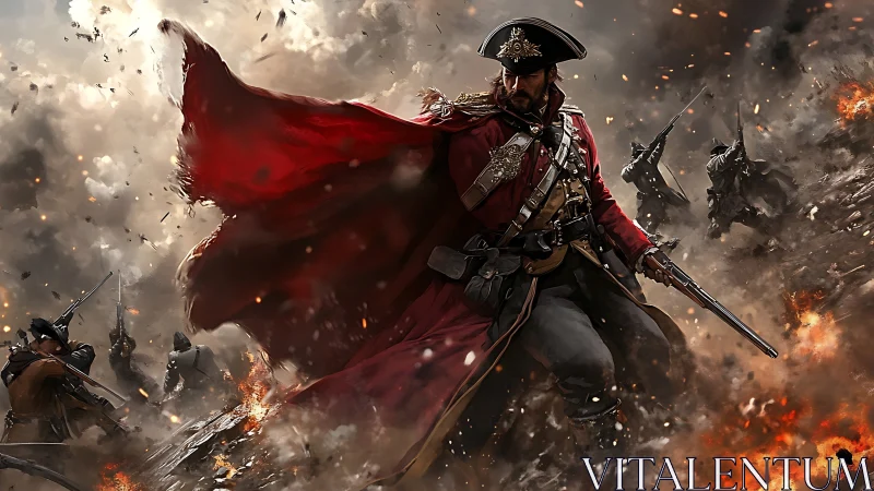 Battlefield commander strides through fire and flying debris.