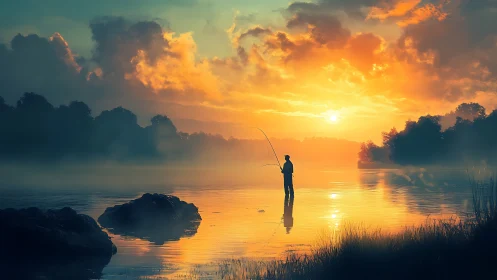 Lone fisherman stands in glowing misty lake at sunrise