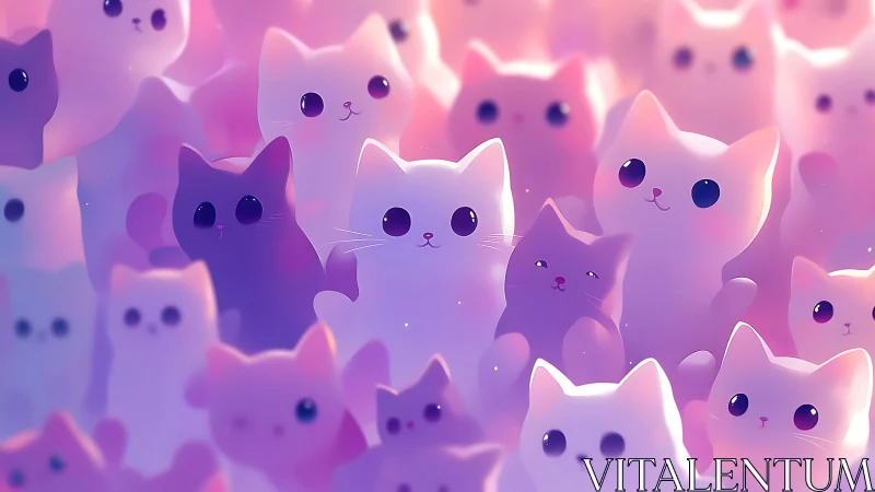 Ethereal Cat Crowd in Vibrant Pink-Purple Gradient.