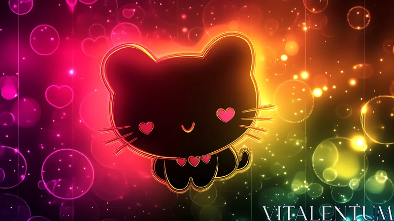 Neon kitten silhouette glows through a rainbow bubble daydream
