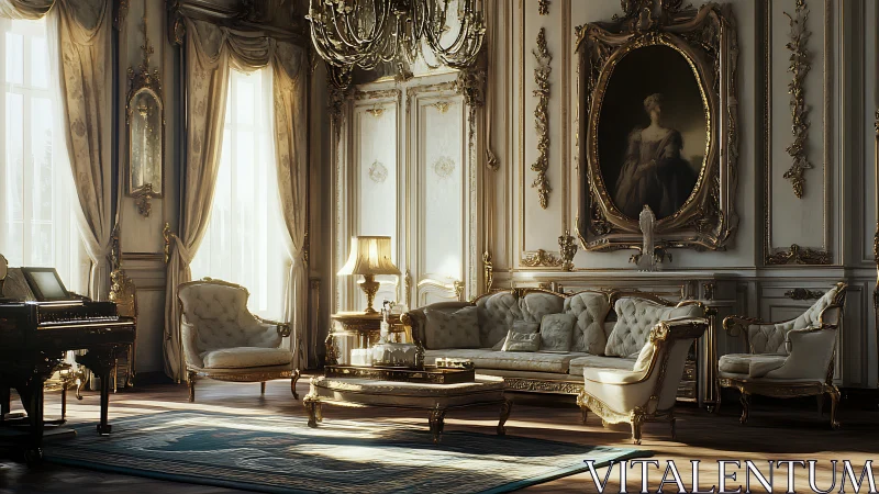 Opulent Rococo salon rendered in warm photorealistic afternoon light