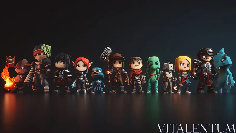 Voxel adventurer lineup with multi-class fantasy ensemble.