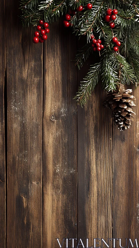 Rustic holiday greenery with berries on warm wood backdrop.