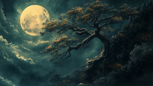 Ancient twisted tree under large full moon at night.