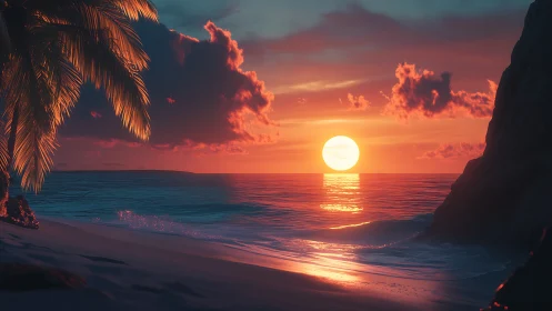 Digital seascape sunset with palm silhouettes and coastal framing.