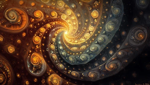 Fractal spiral galaxy composition in luminous digital painting.