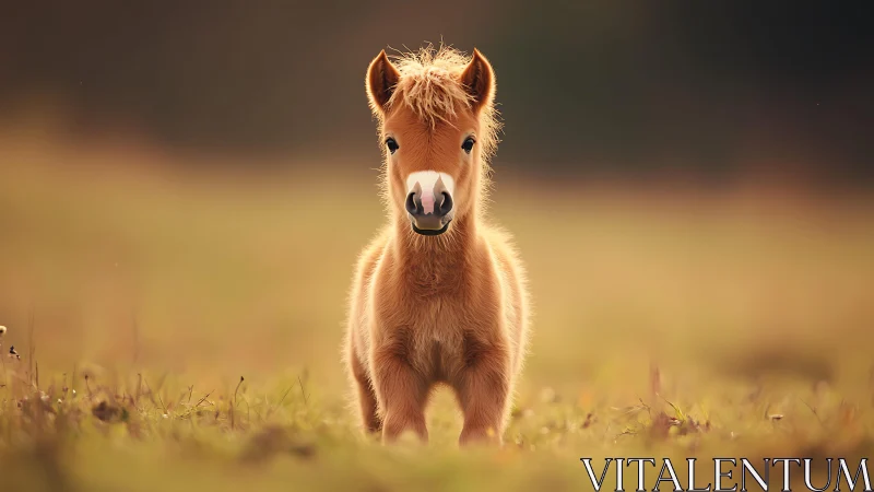 Soft golden foal stands calmly in a sunlit open meadow