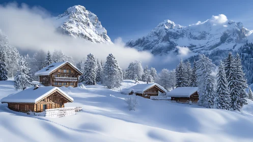 Snow covered mountain chalets under bright winter sky.