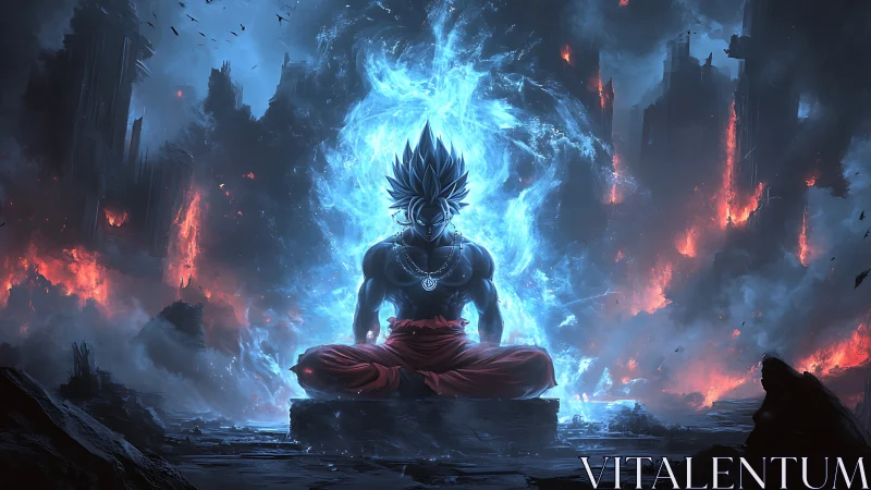 Cosmic warrior meditating in blue fire amid ruins.