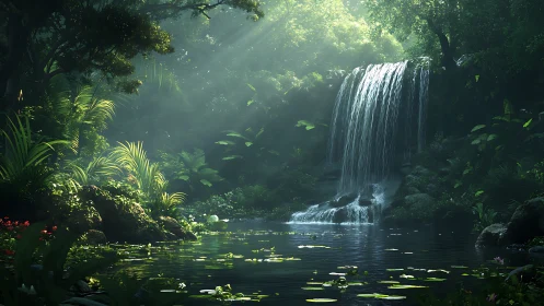 Sunlit jungle waterfall pours into a tranquil lily pond.