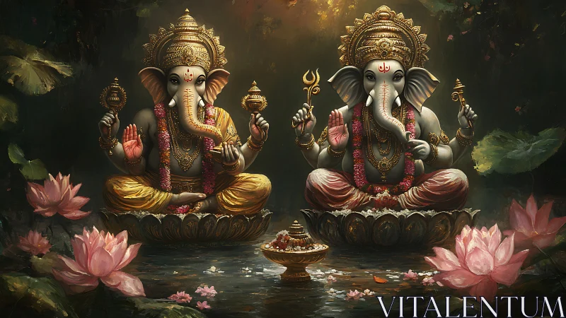 Twin lotus thrones of Ganesha glowing in forest dusk.