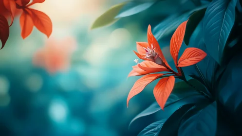 Coral Blossoms Against Teal Foliage.