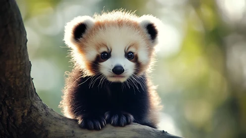 Red panda cub sits on tree branch in soft daylight