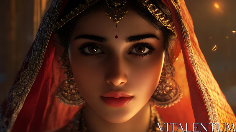 Woman in ornate red veil stares directly into warm camera light