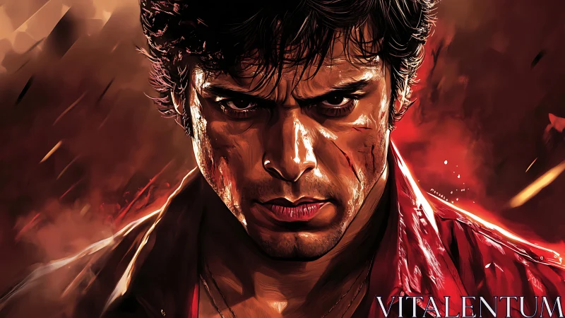 Fierce hero stands defiant in a blaze of red resolve.