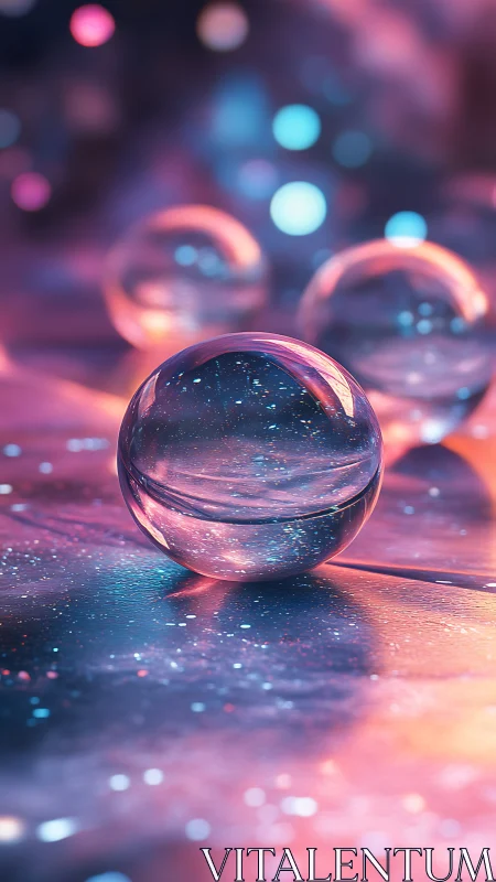 Glowing crystal spheres resting in dreamy neon twilight.