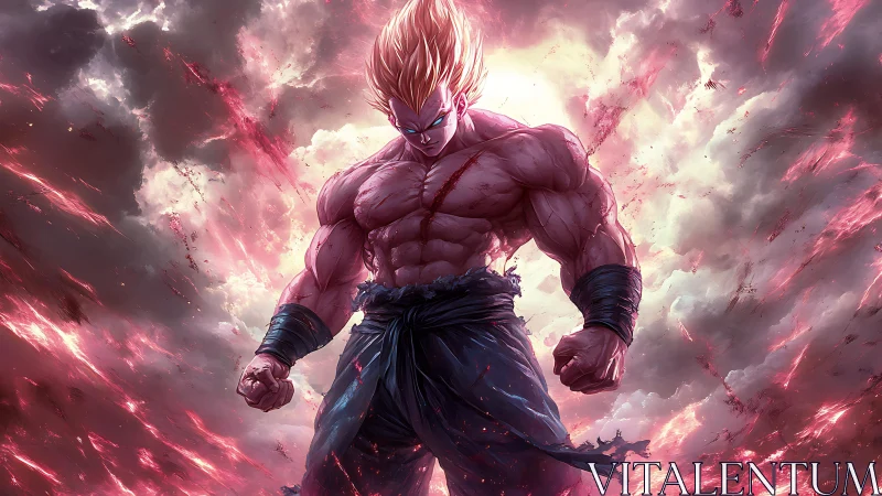Muscular energy warrior stands amid turbulent luminous storm field