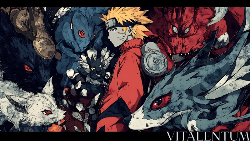 Anime ninja figure surrounded by stylized tailed beasts forms.