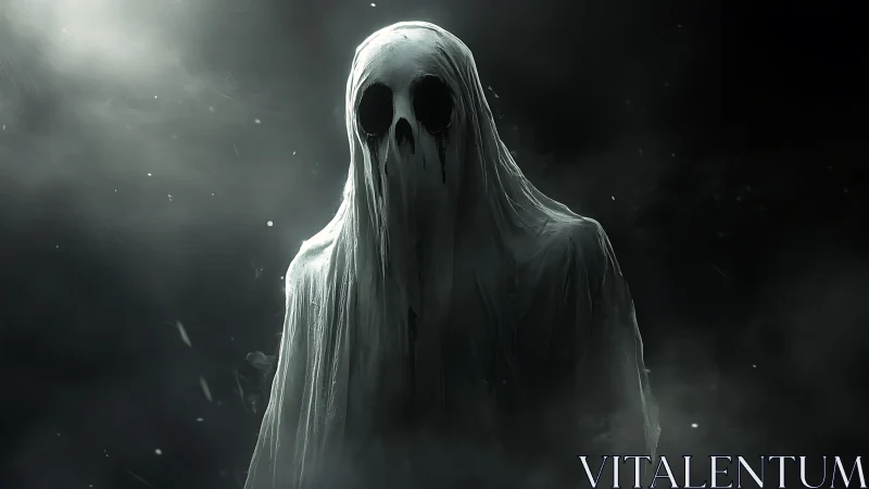 Spectral hooded figure rendered with volumetric fog and high contrast