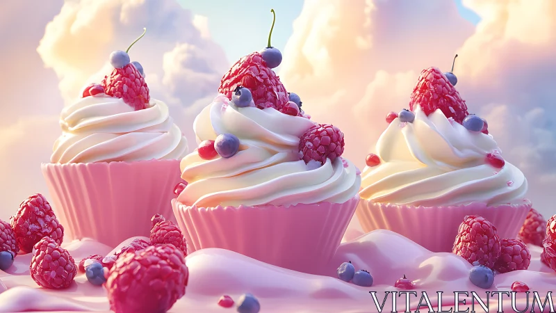 Hyperreal raspberry cream cupcakes in pastel fantasy cloudscape