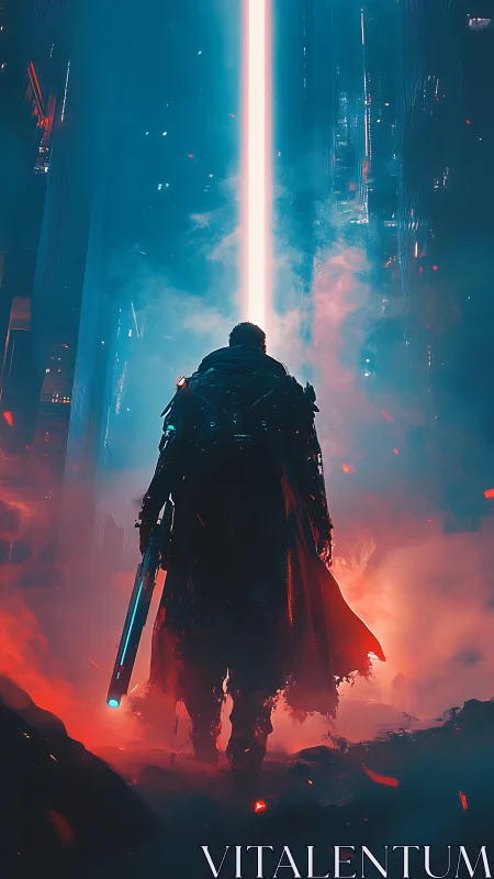 Neon-cloaked wanderer strides beneath a towering light rift.