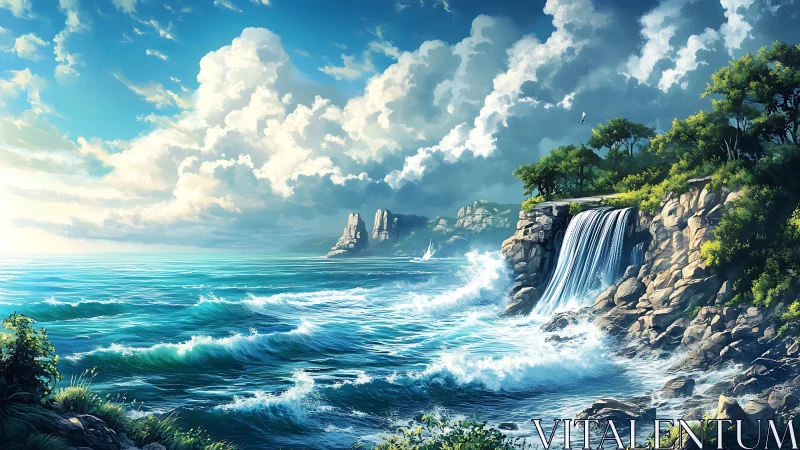 Coastal waterfall meets turquoise sea under towering clouds.
