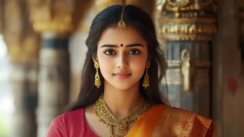 Elegant Indian Woman in Traditional Saree with Gold Jewelry, Portrait.